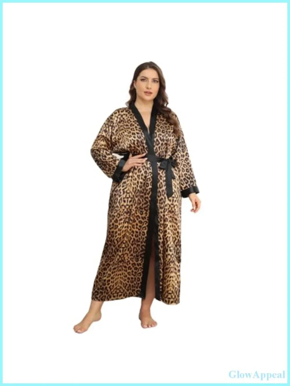 Silky Plus Size Kimono Robe Floral Leopard Long Sleeve Luxurious Sleepwear